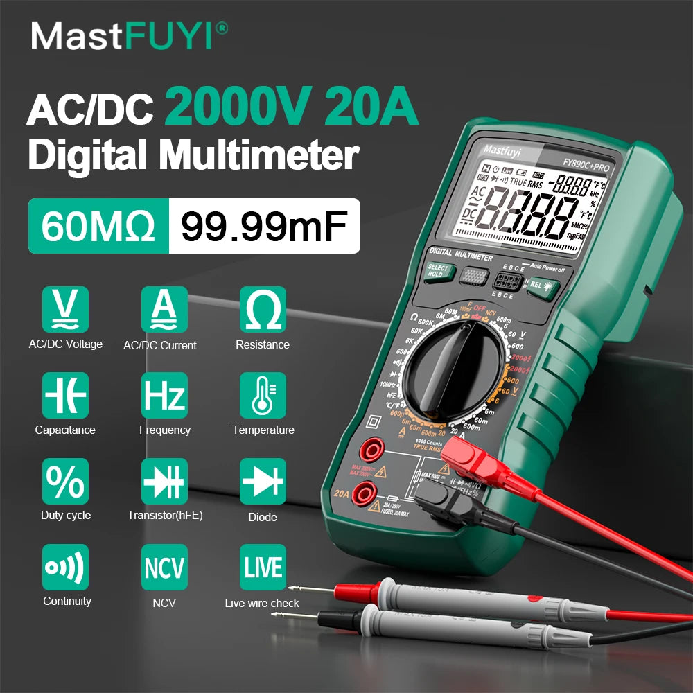 Digital Multimeter 6000 Count AC/DC 2000V/20A True RMS Temperature Tester for Electrician Photovoltaic Mining