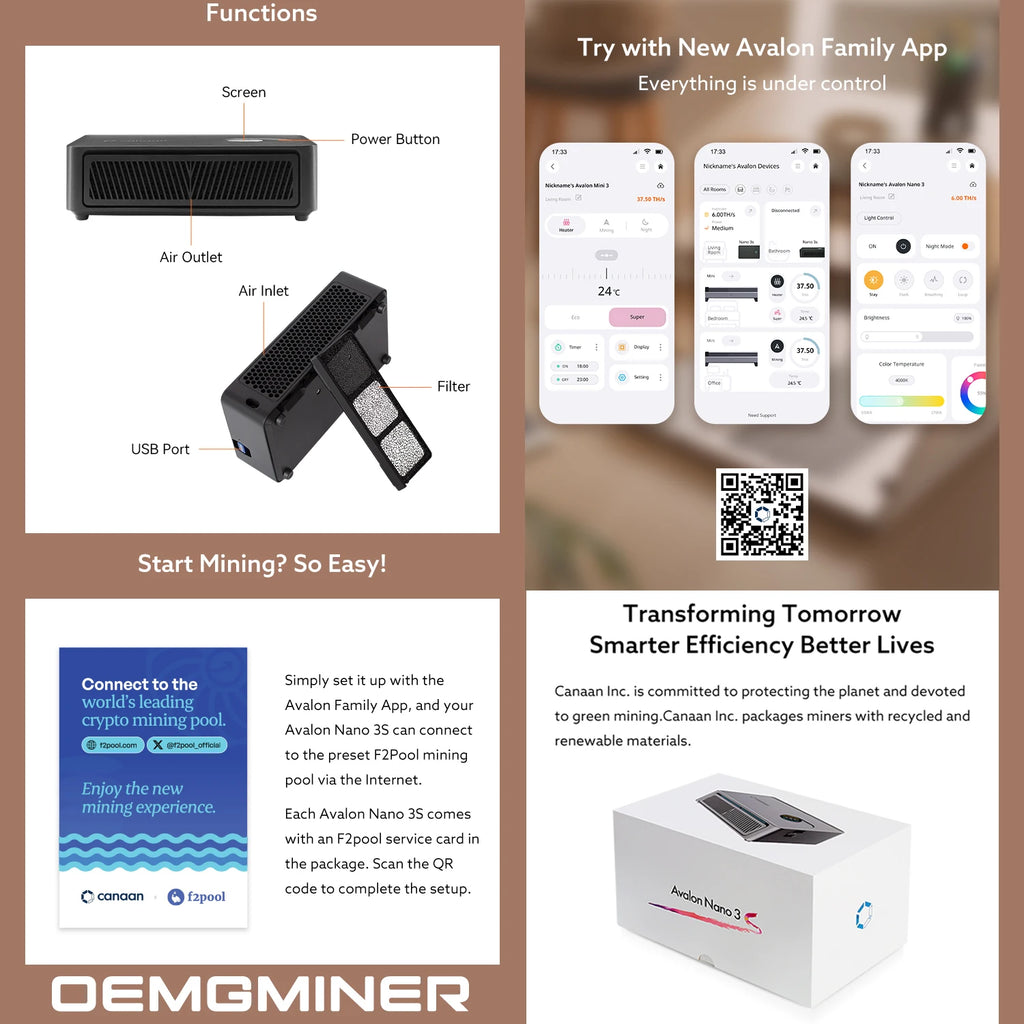 No Tariffs US Stock Canaan Avalon Nano 3S 6Th/S Bitcoin Miner 6TH/S 140W with US PSU Nano 3S Home BTC ASIC Miner