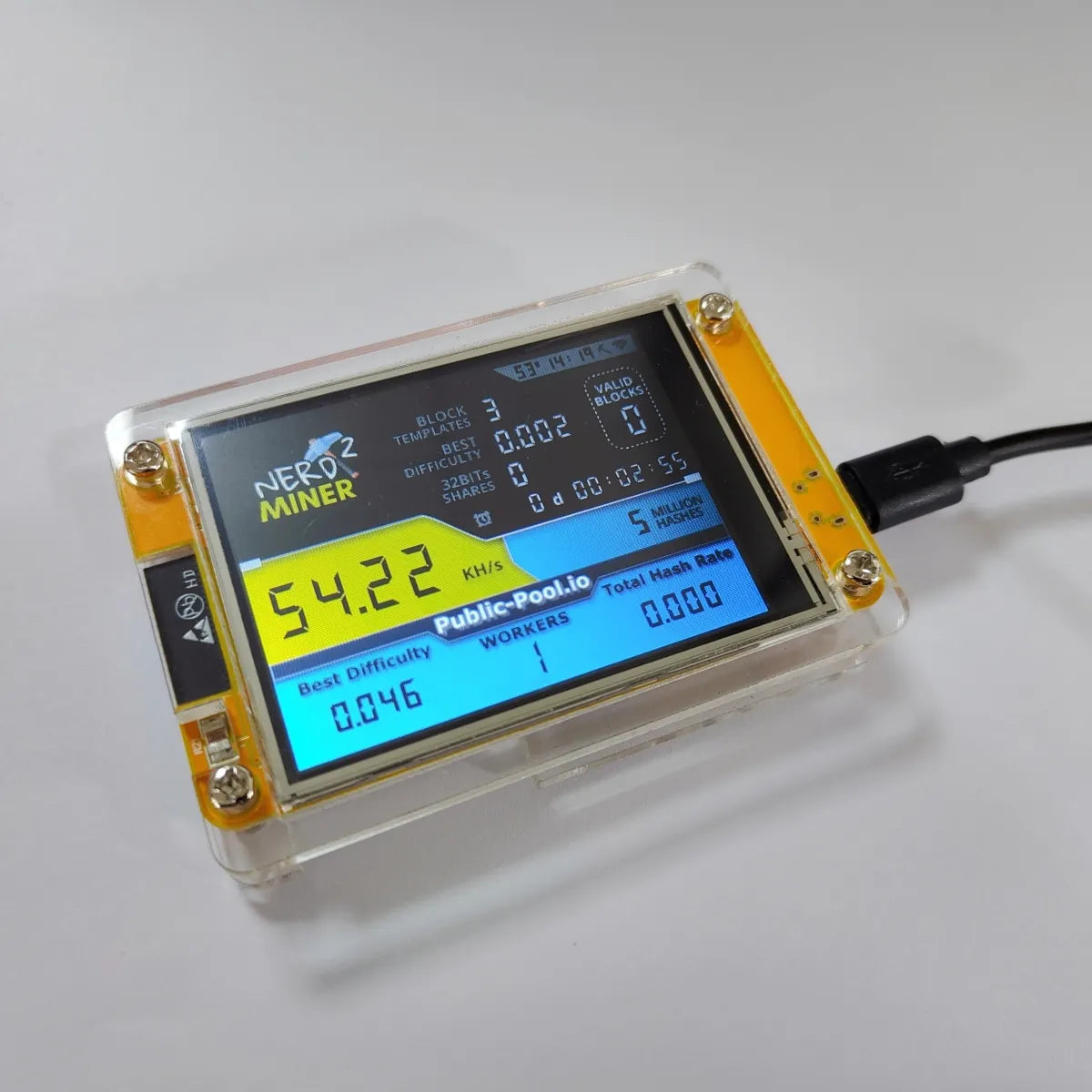 Nerdminer V2 Hashrate, Smart Display, Crypto Solo, Lottery, Nerd Miner, Bitcoin Miner ESP32-2432S028R, 49 K/S, 2.8 Inch