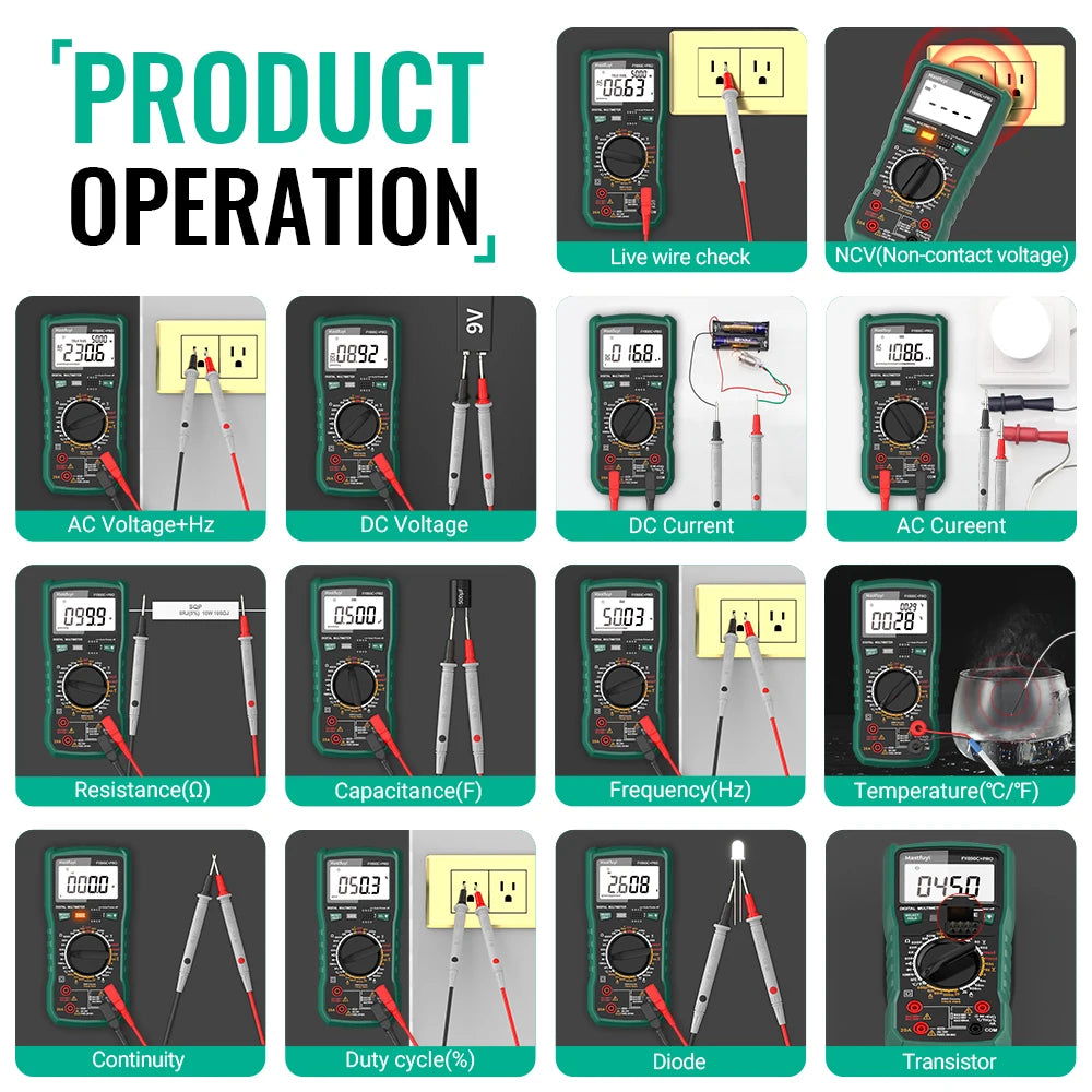 Digital Multimeter 6000 Count AC/DC 2000V/20A True RMS Temperature Tester for Electrician Photovoltaic Mining
