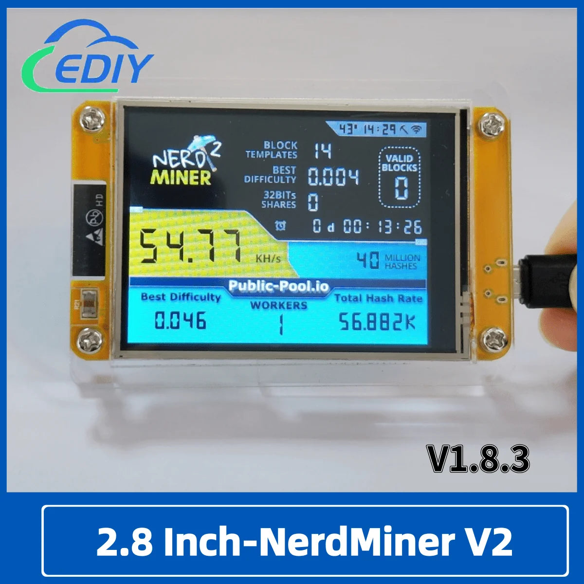 2.8 Inch ESP32-2432S028R Nerdminer V2 Hashrate, Smart Display, Crypto Solo, Lottery, Nerd Miner, Bitcoin Miner, 49 K/S