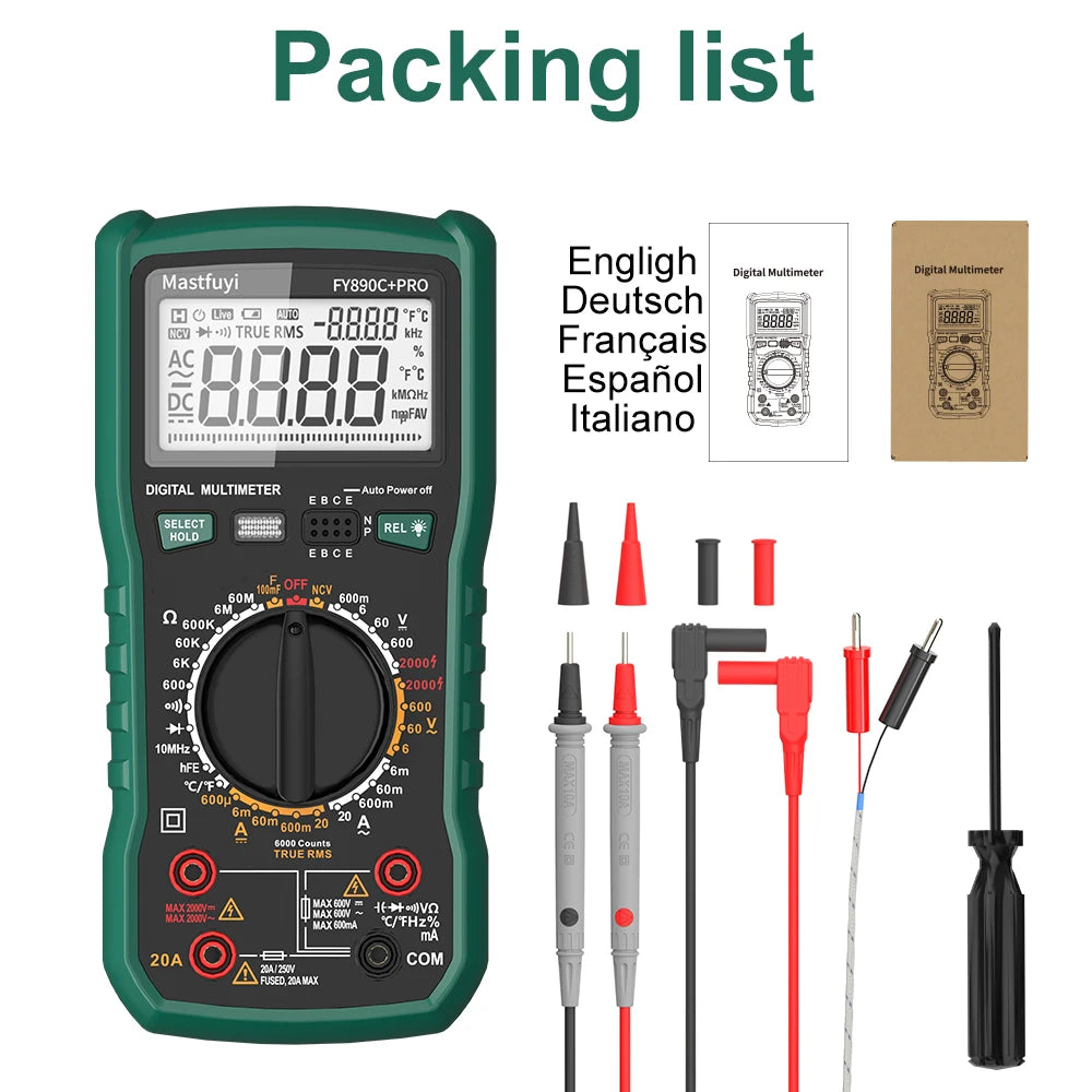Digital Multimeter 6000 Count AC/DC 2000V/20A True RMS Temperature Tester for Electrician Photovoltaic Mining