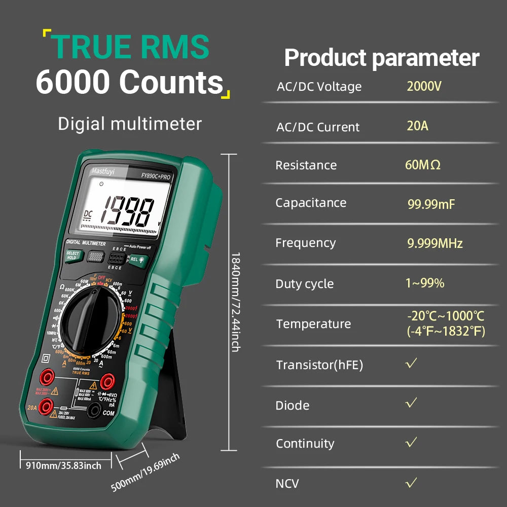 Digital Multimeter 6000 Count AC/DC 2000V/20A True RMS Temperature Tester for Electrician Photovoltaic Mining