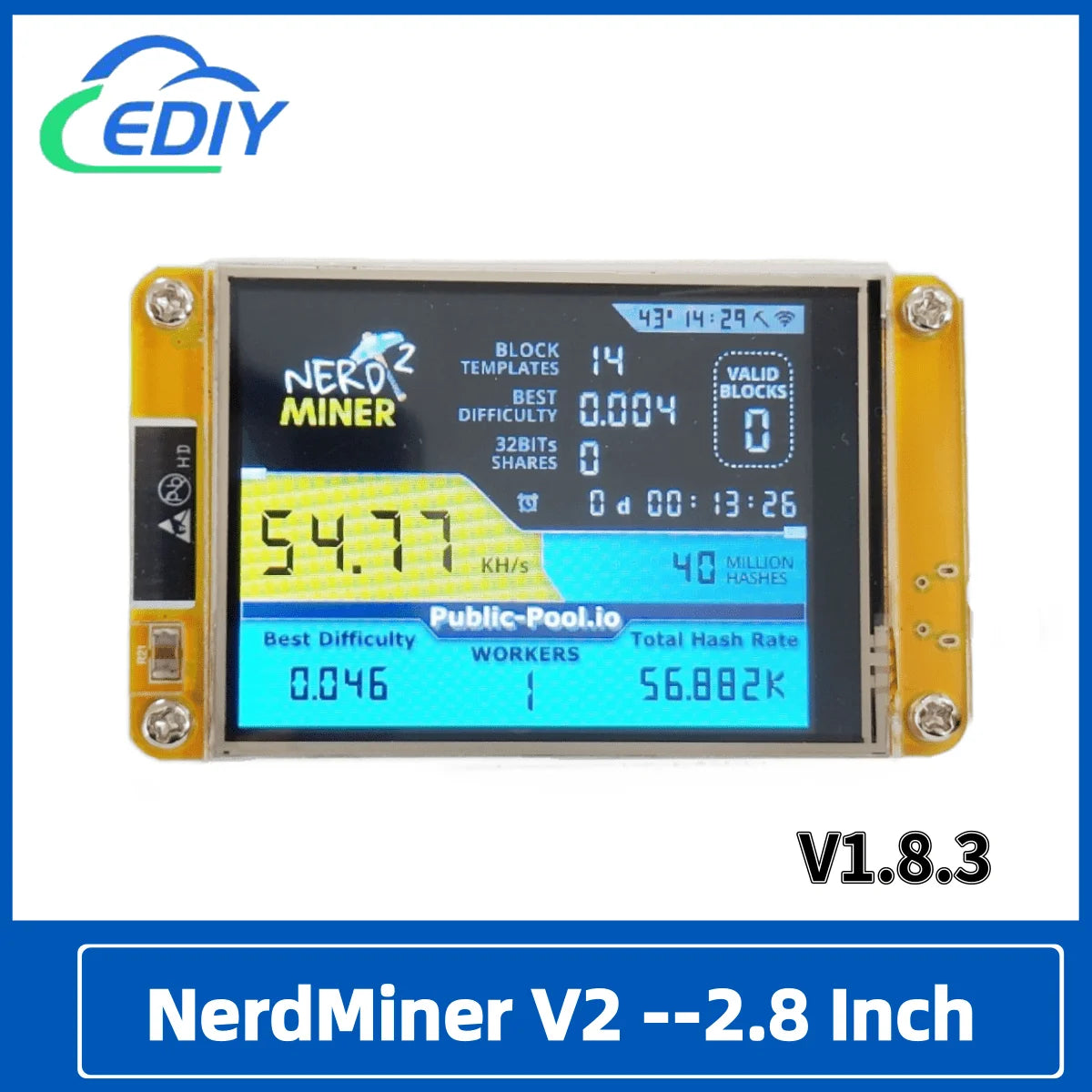 Nerdminer V2 Hashrate, Smart Display, Crypto Solo, Lottery, Nerd Miner, Bitcoin Miner ESP32-2432S028R, 49 K/S, 2.8 Inch