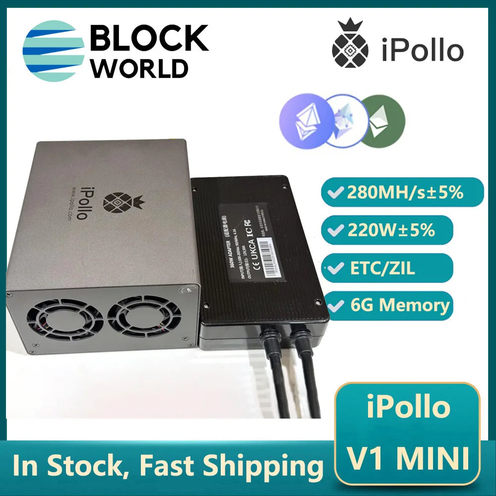New Ipollo V1 Mini ETC Miner 280Mh/S 240W Ethash ETC Mining Machine with PSU and Power Cord 6GB RAM Ipollo Miner ETC Asic Miner